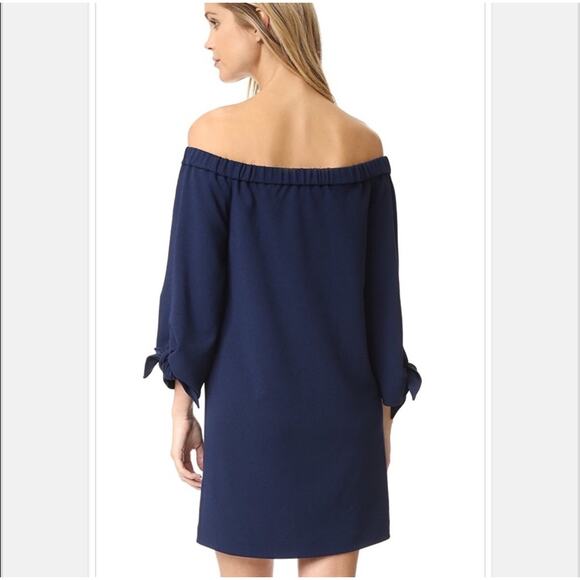 Tibi Off Shoulder Long Tie Sleeve 100% Cotton Shift Dress Navy Size 2 - Picture 3 of 9